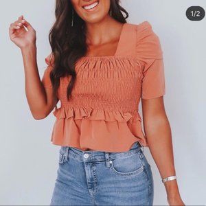 En Creme Blouse Smocked Puff Short Sleeve Ruffle Square Neck Soft Orange